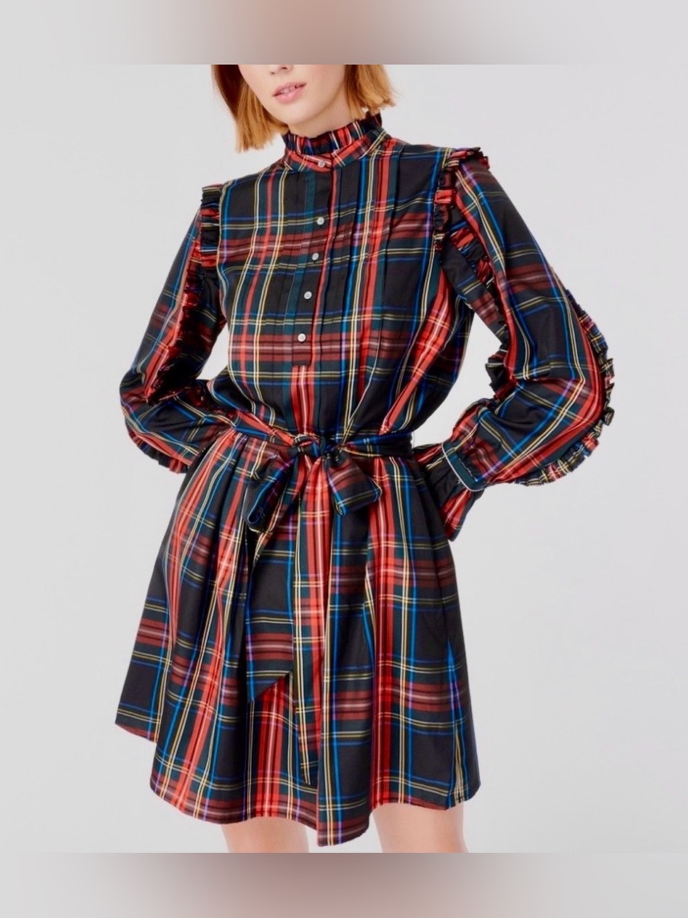 J. Crew Plaid Ruffle Tie-Waist Dress in Red, Blue and Black XSmall